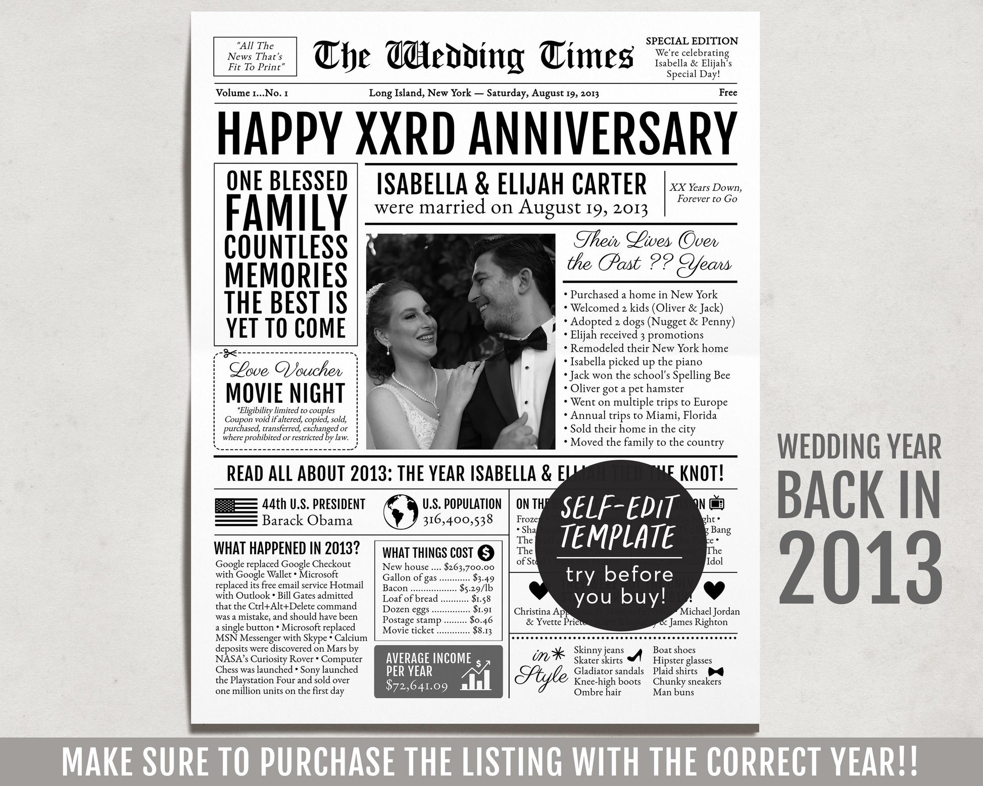 Back in 2013 11th 12th 13th Anniversary Gift Newspaper Editable Template