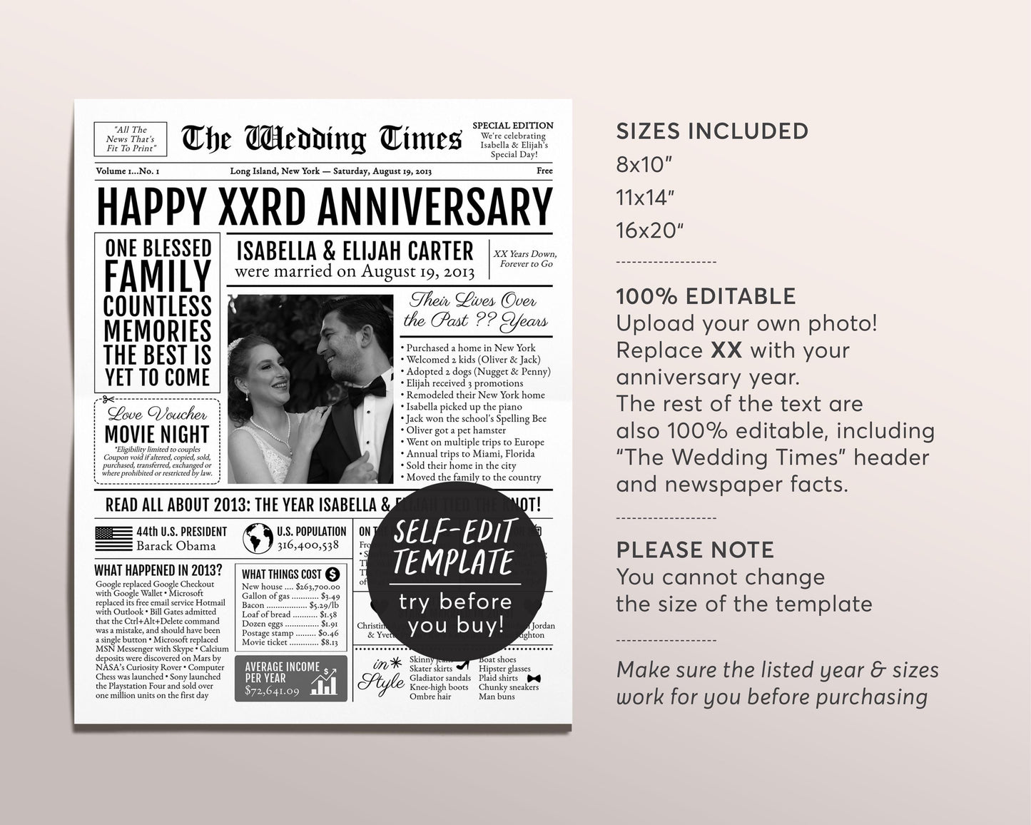 Back in 2013 11th 12th 13th Anniversary Gift Newspaper Editable Template, Personalized 11 12 13 Year Wedding For Parents Husband Or Wife