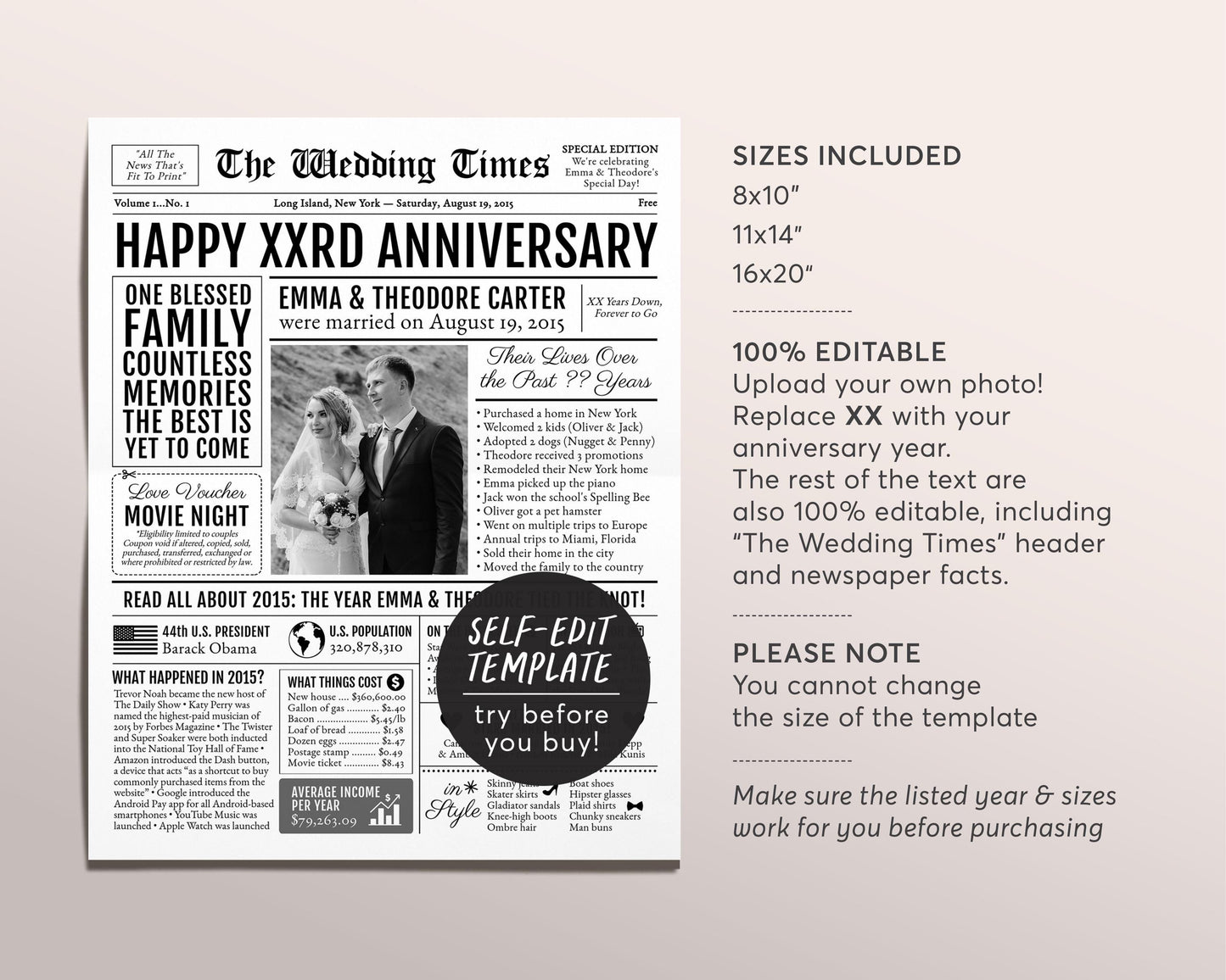 Back in 2015 9th 10th 11th Anniversary Gift Newspaper Editable Template, Personalized 9 10 11 Year Wedding For Parents Husband Or Wife