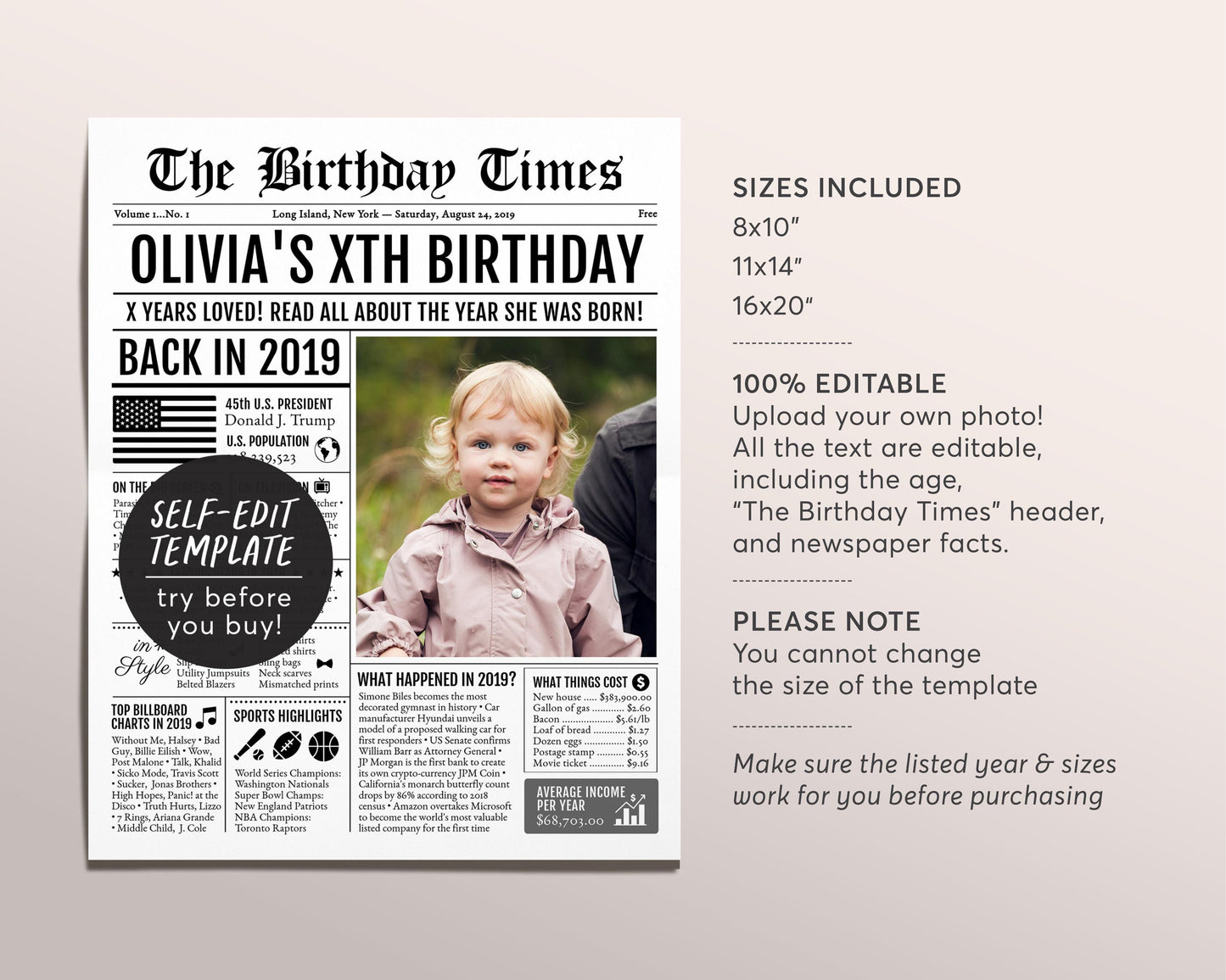 Back in 2019 Birthday Newspaper Editable Template, 5 6 7 Years Ago, 5th 6th 7th Birthday Sign Decorations Decor for Boy Or Girl Kids Decor