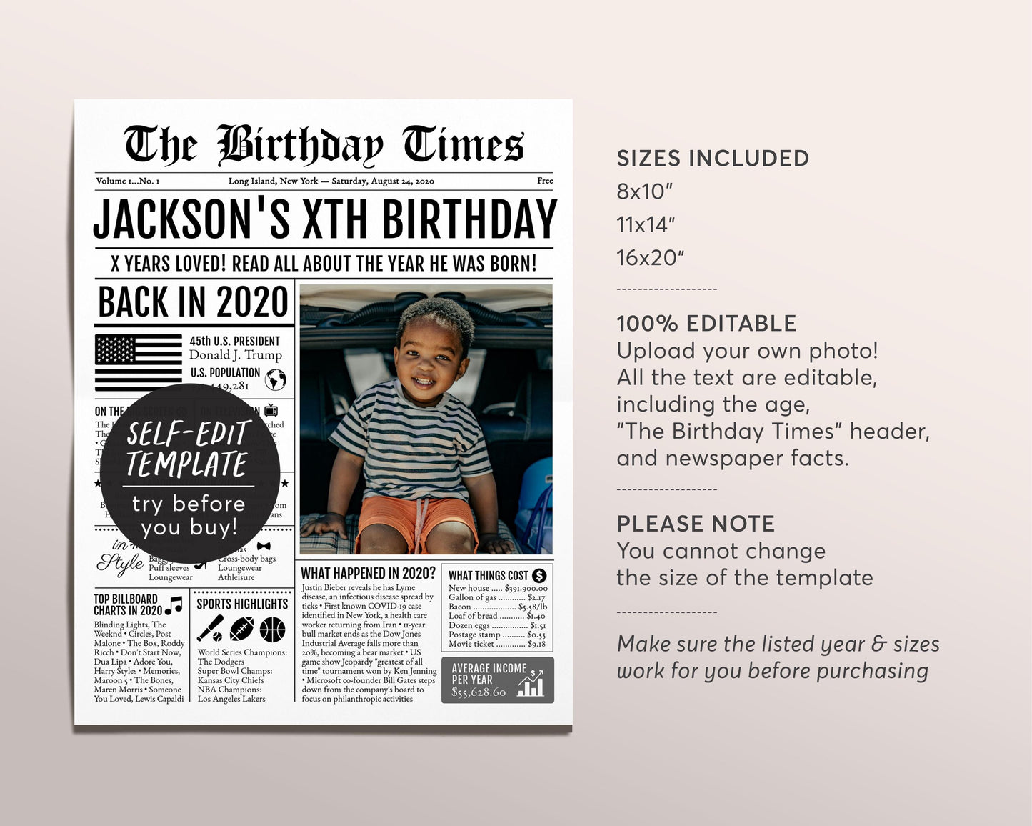 Back in 2020 Birthday Newspaper Editable Template, 4 5 6 Years Ago, 4th 5th 6th Birthday Sign Decorations Decor for Boy Or Girl Kids Decor