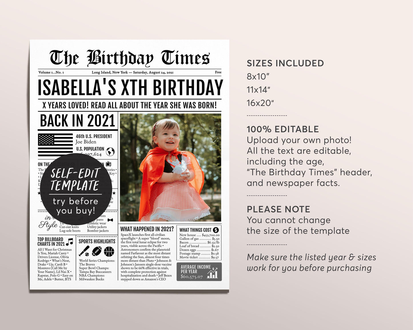 Back in 2021 Birthday Newspaper Editable Template, 3 4 5 Years Ago, 3rd 4th 5th Birthday Sign Decorations Decor for Boy Or Girl Kids Decor