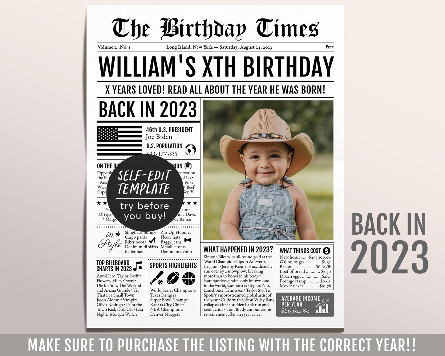 Back in 2023 Birthday Newspaper Editable Template