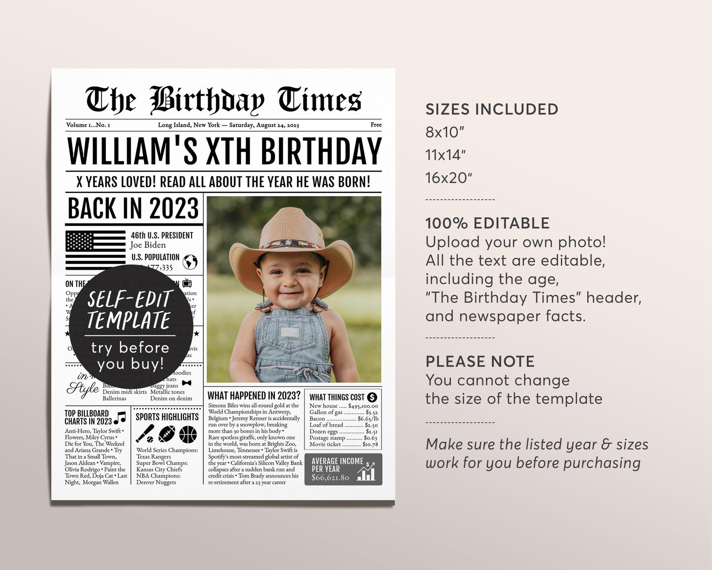 Back in 2023 Birthday Newspaper Editable Template, 1 2 3 Years Ago, 1st 2nd 3rd Birthday Sign Decorations Decor for Boy Or Girl Kids Decor