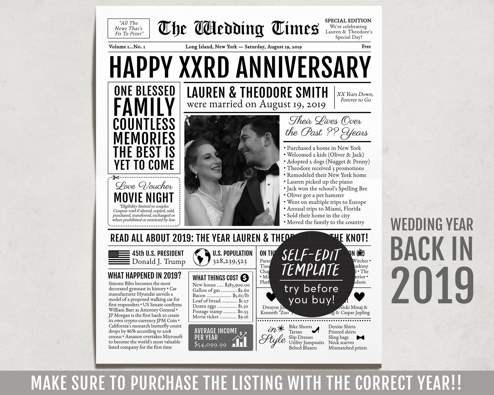 Back in 2019 5th 6th 7th Anniversary Gift Newspaper Editable Template