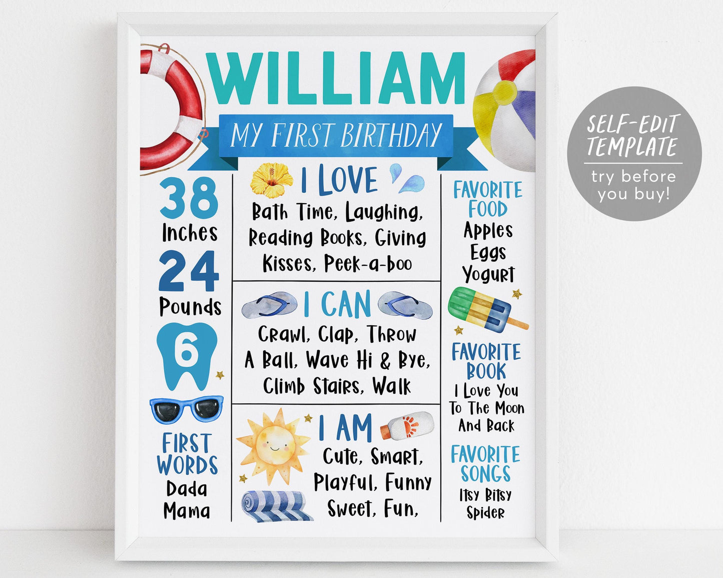 Pool Party Birthday Milestone Sign Editable Template