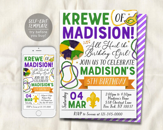 Mardi Gras Birthday Invitation Editable Template