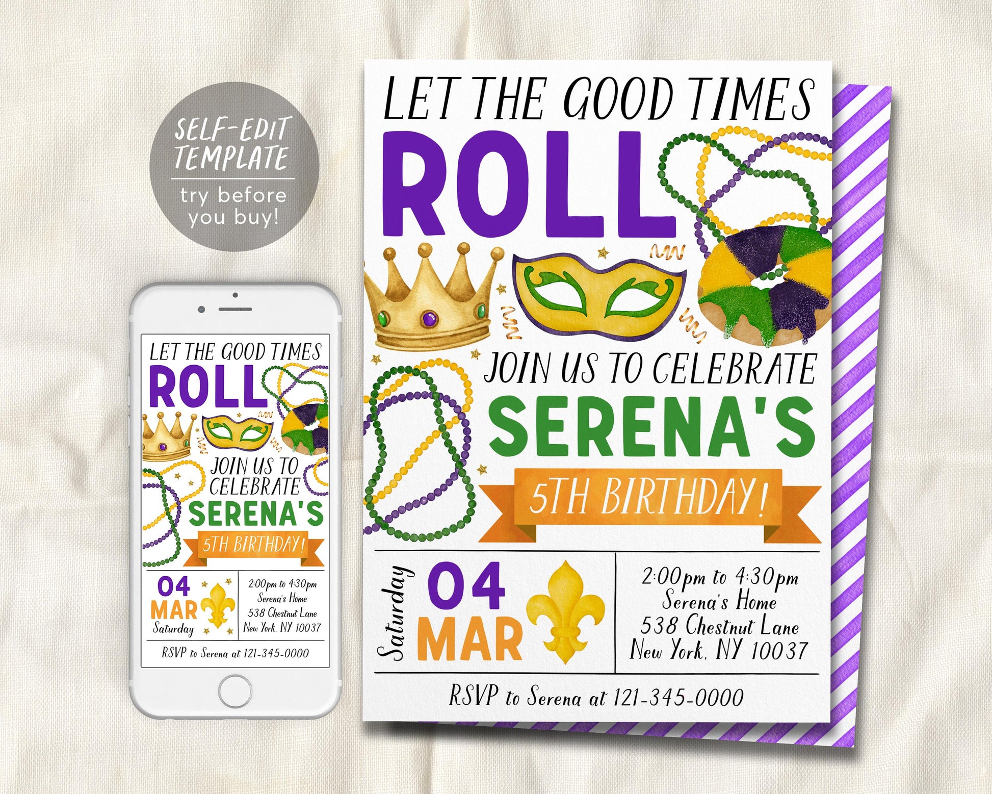 Mardi Gras Birthday Invitation Editable Template