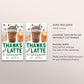 Coffee Birthday Party Favor Tags Editable Template, Thanks A Latte Fun Thank You Treat Bag, Cafe Frappuccino Frappe Coffee Theme Gift Tag