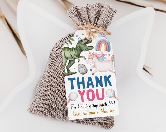 Dinosaurs and Unicorns Birthday Favor Tags Editable Template