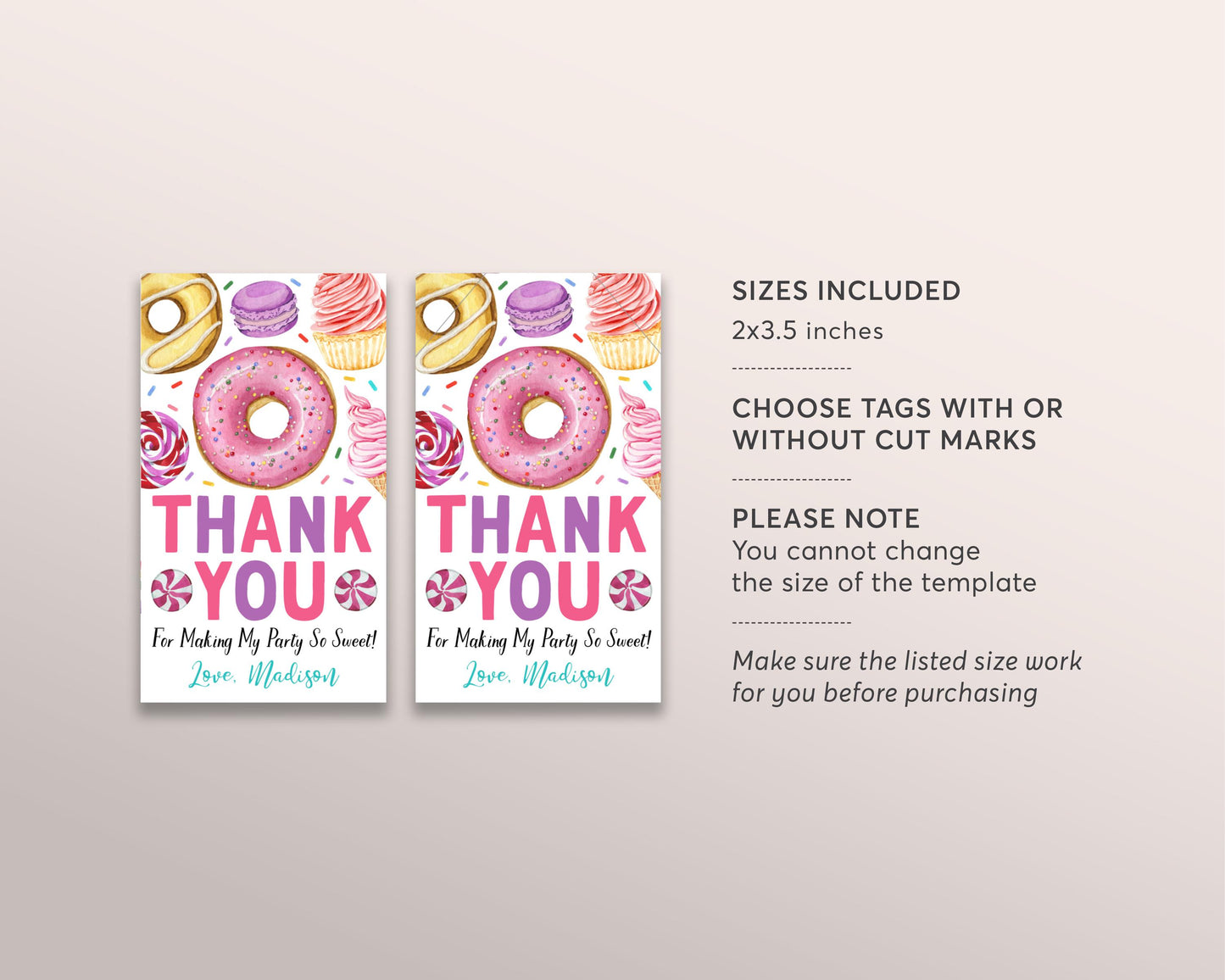 Sweet One Birthday Party Favor Tags Editable Template, Girl Donuts And Candy Thank You Treat Bag, Kids Sprinkles Sweets Dessert Gift Tag