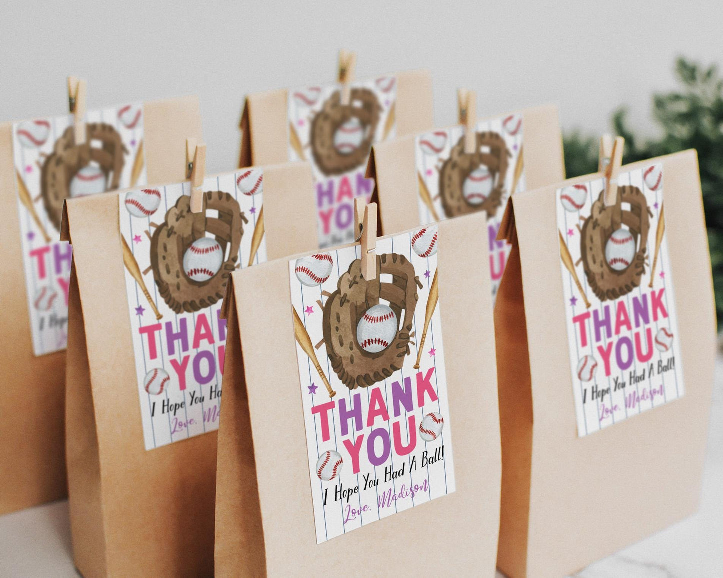 Baseball Birthday Party Favor Tags Editable Template, Girl Pink Baseball Little Rookie Thank You Treat Bag, Slugger Sports Theme Gift Tag