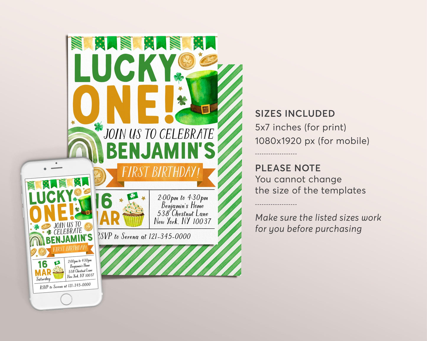 Lucky One First Birthday Invitation Editable Template, St Patrick's Day Shamrock 1st Birthday Party Invite Printable Evite, St Paddy's Day