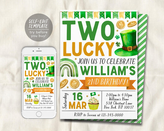 Two Lucky Second Birthday Invitation Editable Template