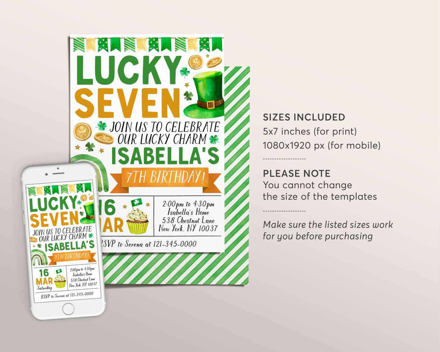 Lucky Seven 7th Birthday Invitation Editable Template, St Patrick's Day Shamrock Seventh Birthday Party Invite, Lucky 7 Our Lucky Charm