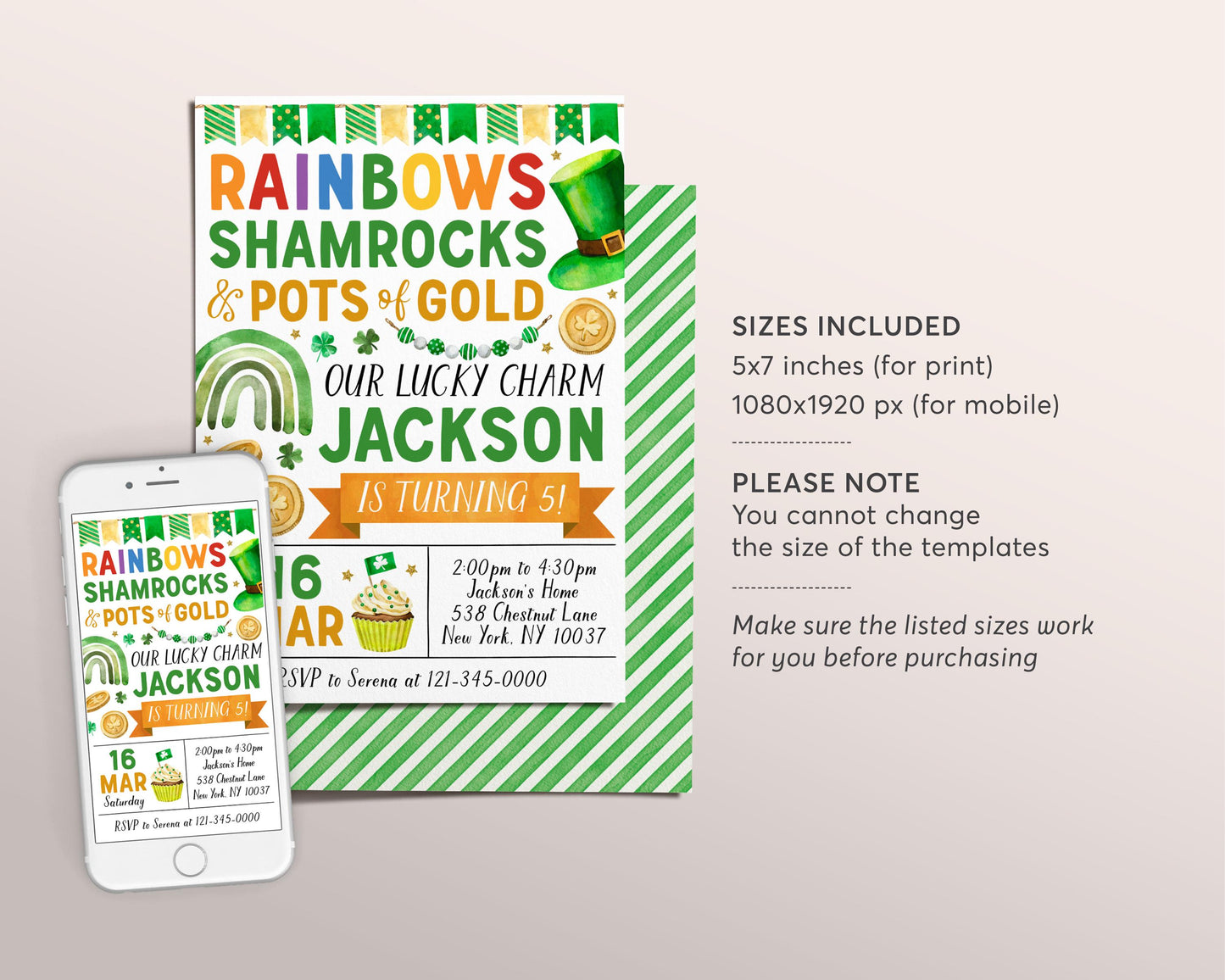 St Patrick's Day Birthday Invitation Editable Template, Rainbows Shamrock Pots of Gold Party Invite Evite, St Patty's Day Lucky Charm Irish