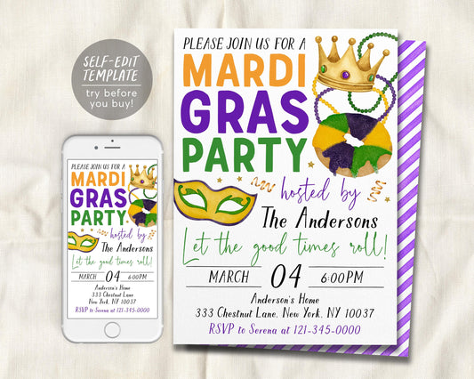 Mardi Gras Party Invitation Editable Template