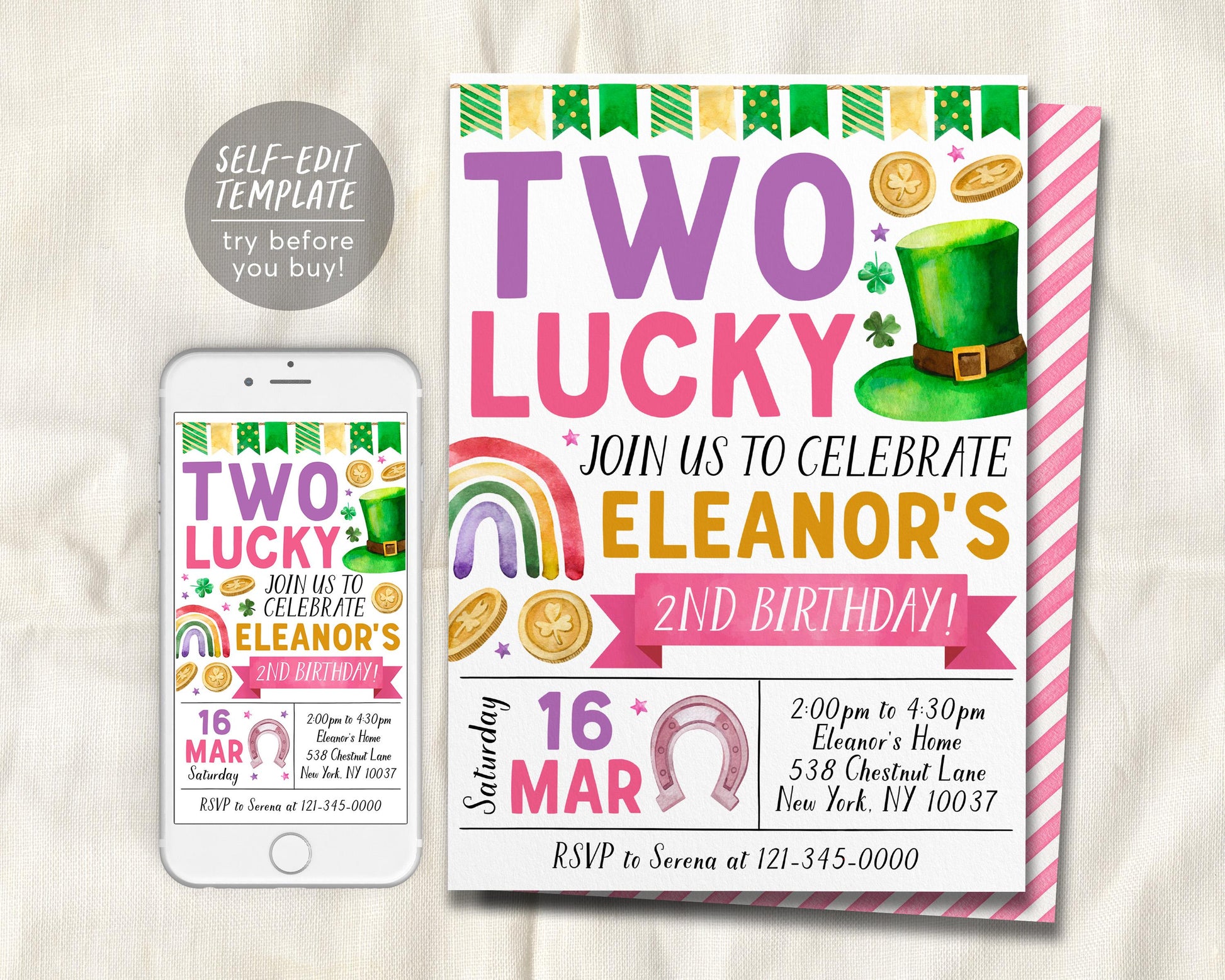 Two Lucky Second Birthday Invitation Editable Template