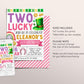 Two Lucky Second Birthday Invitation Editable Template, Girl Pink St Patrick's Day Shamrock 2nd Birthday Party Invite Evite, St Paddy's Day