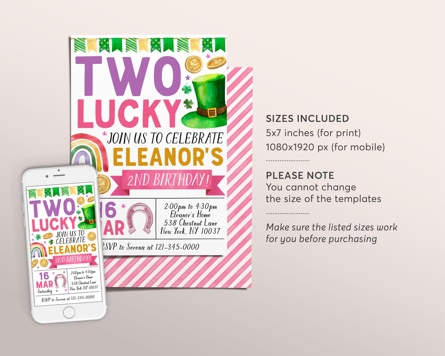 Two Lucky Second Birthday Invitation Editable Template, Girl Pink St Patrick's Day Shamrock 2nd Birthday Party Invite Evite, St Paddy's Day