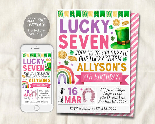 Lucky Seven 7th Birthday Invitation Editable Template