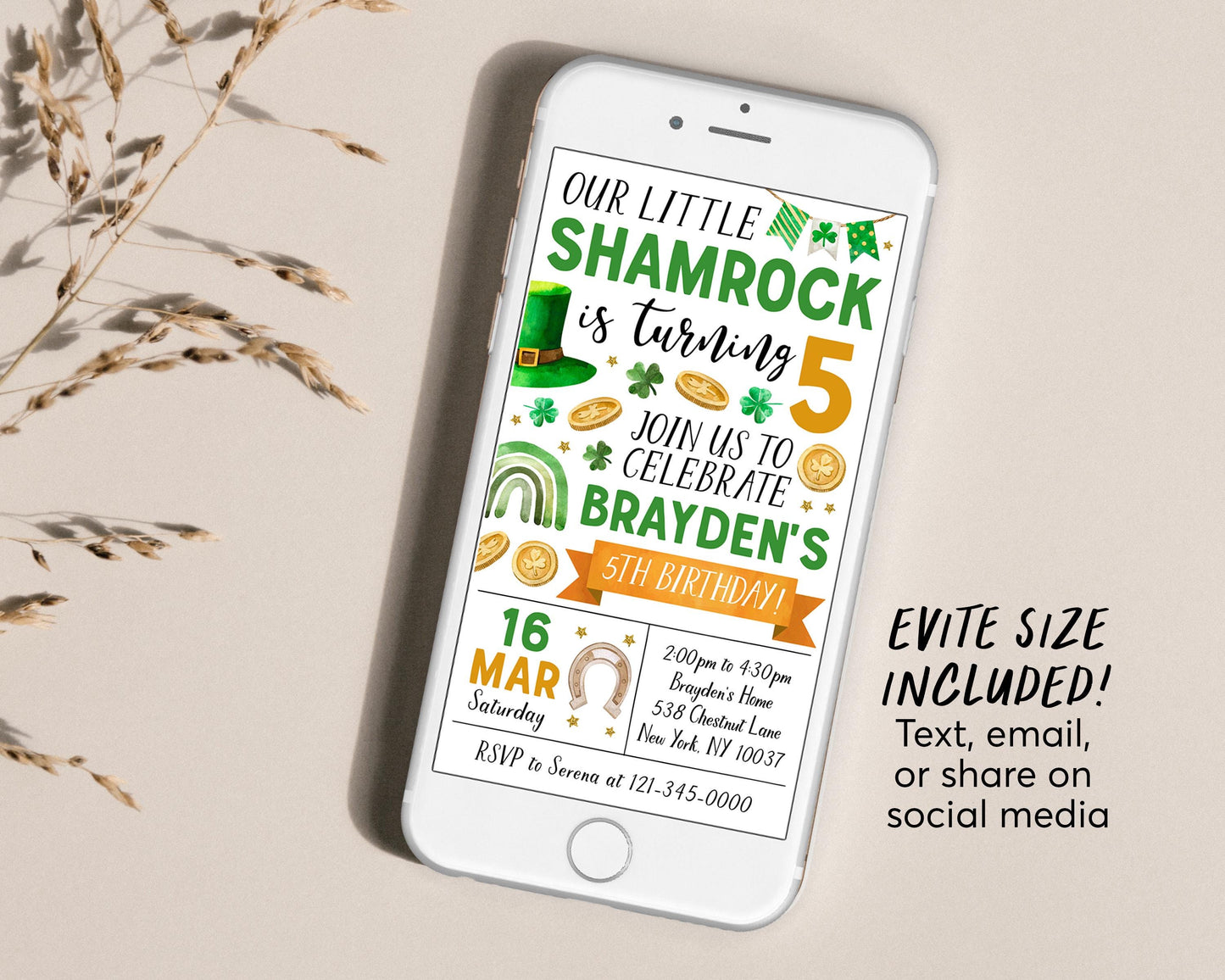 Shamrock Birthday Invitation Editable Template, St Patrick's Day Clover Birthday Party Invite Evite, Our Little Shamrock St Paddy's Day