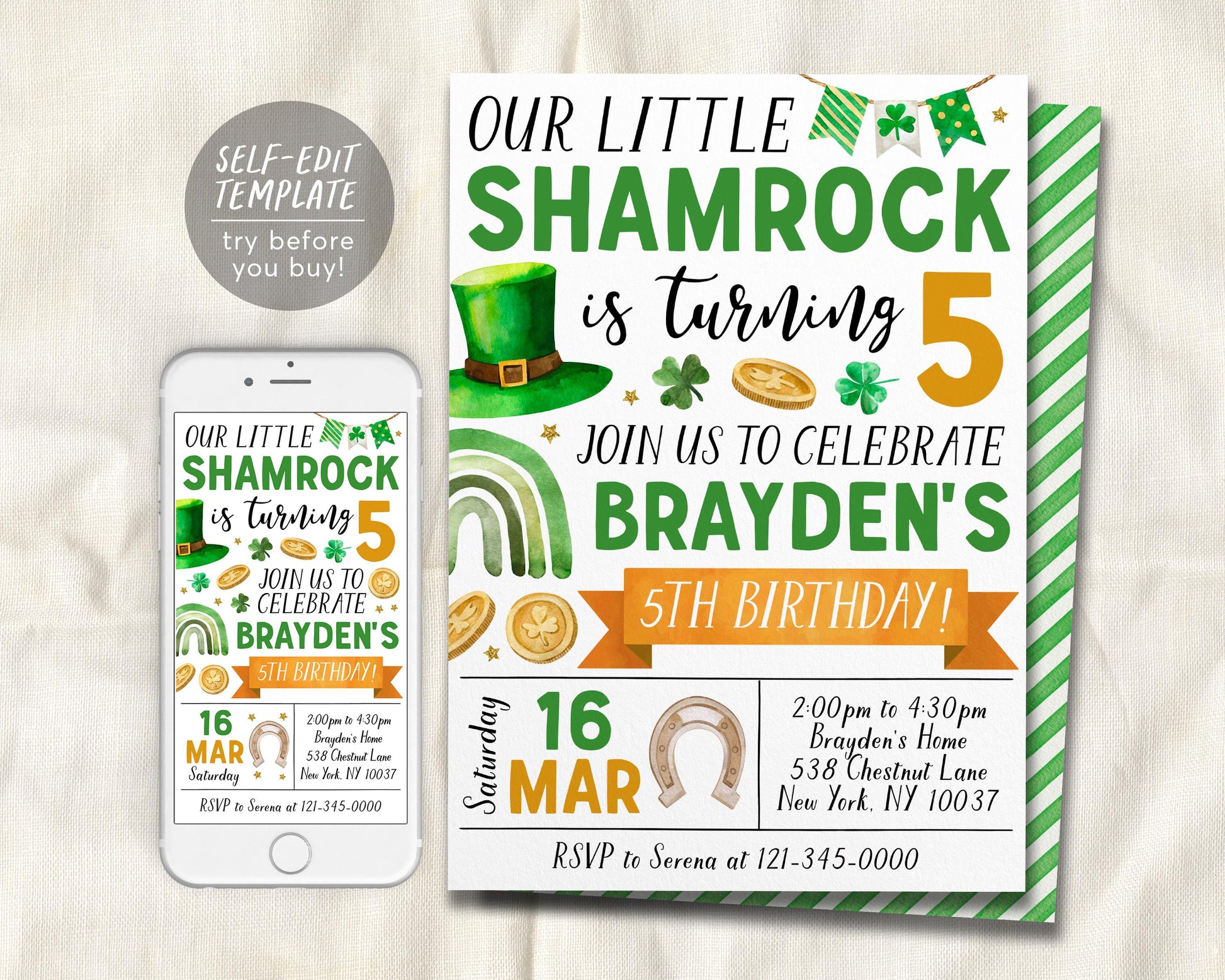 Shamrock Birthday Invitation Editable Template