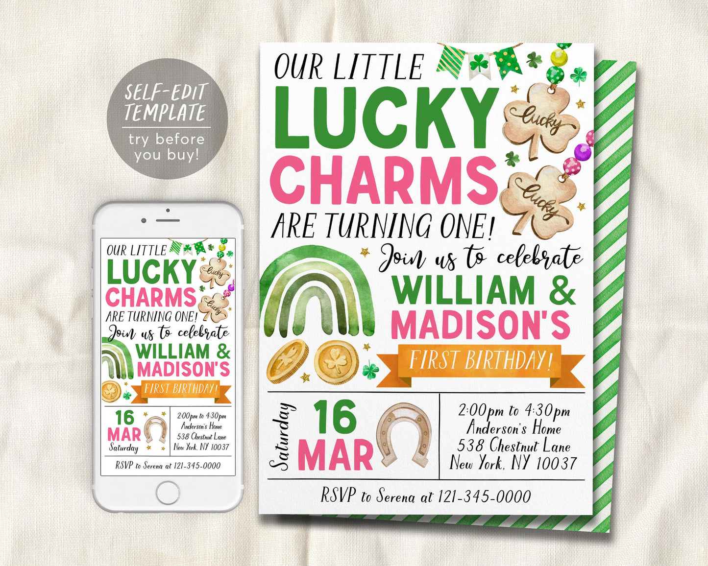 Lucky Charm Joint Siblings Birthday Invitation Editable Template