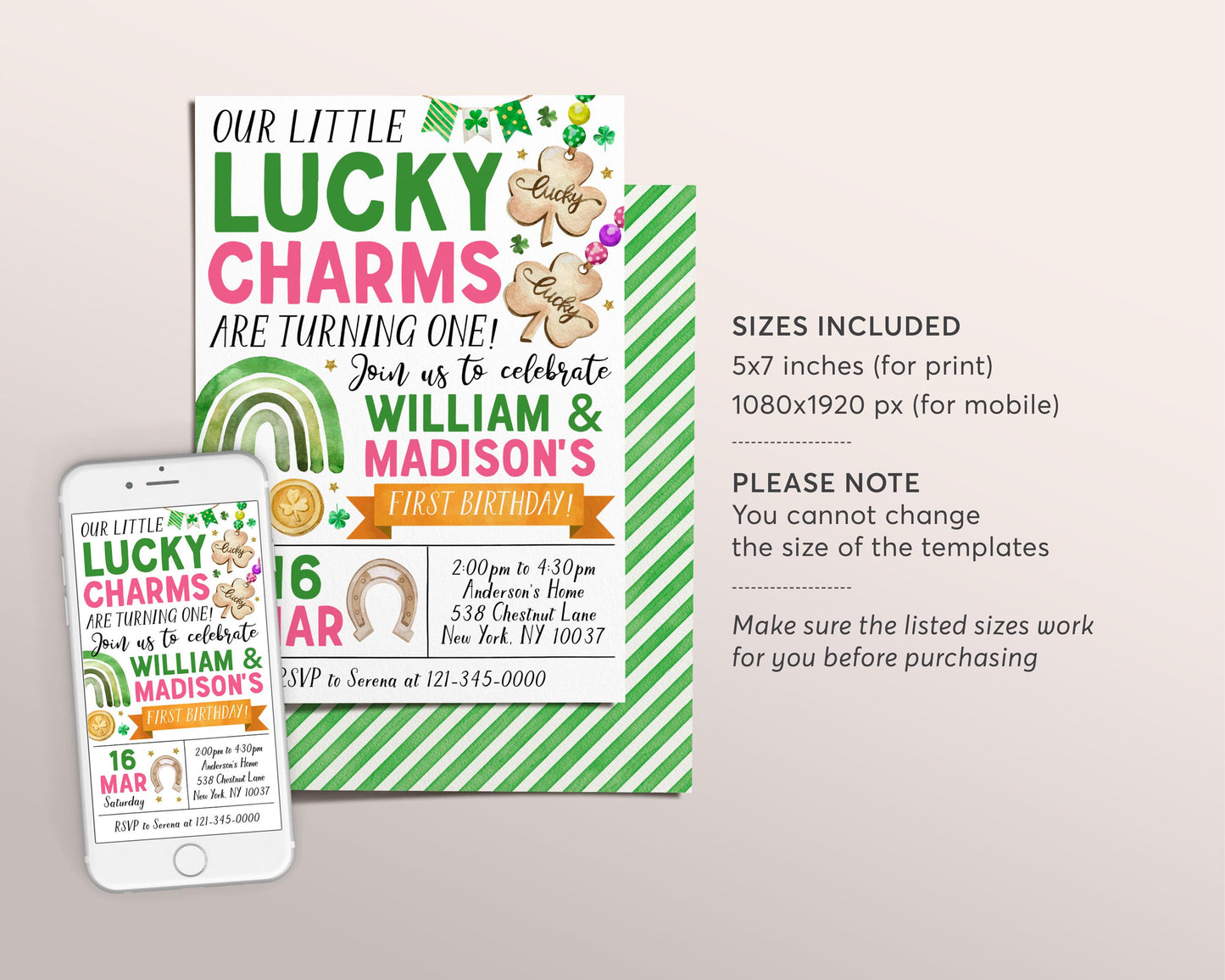 Lucky Charm Joint Siblings Birthday Invitation Editable Template, Twin Girl Boy St Patrick's Day Shamrock First Birthday Party Invite Evite