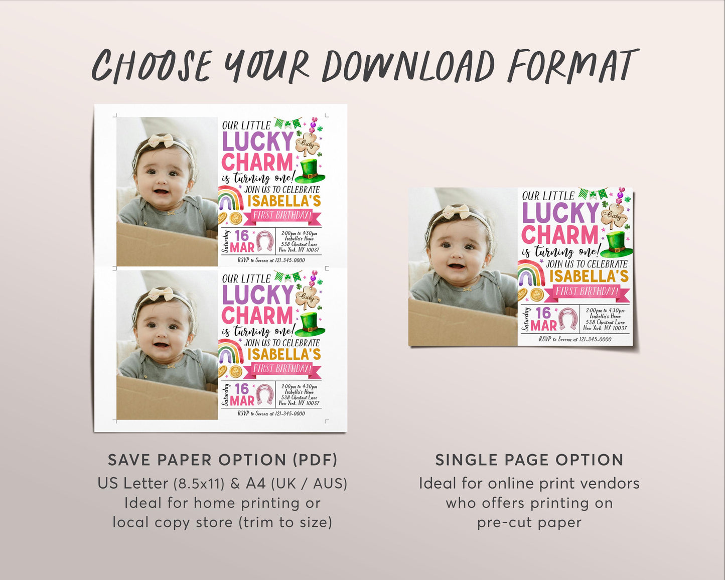 Lucky Charm Birthday Invitation With Photo Editable Template, Pink Girl St Patrick's Day Shamrock 1st First Birthday Party Invite Evite