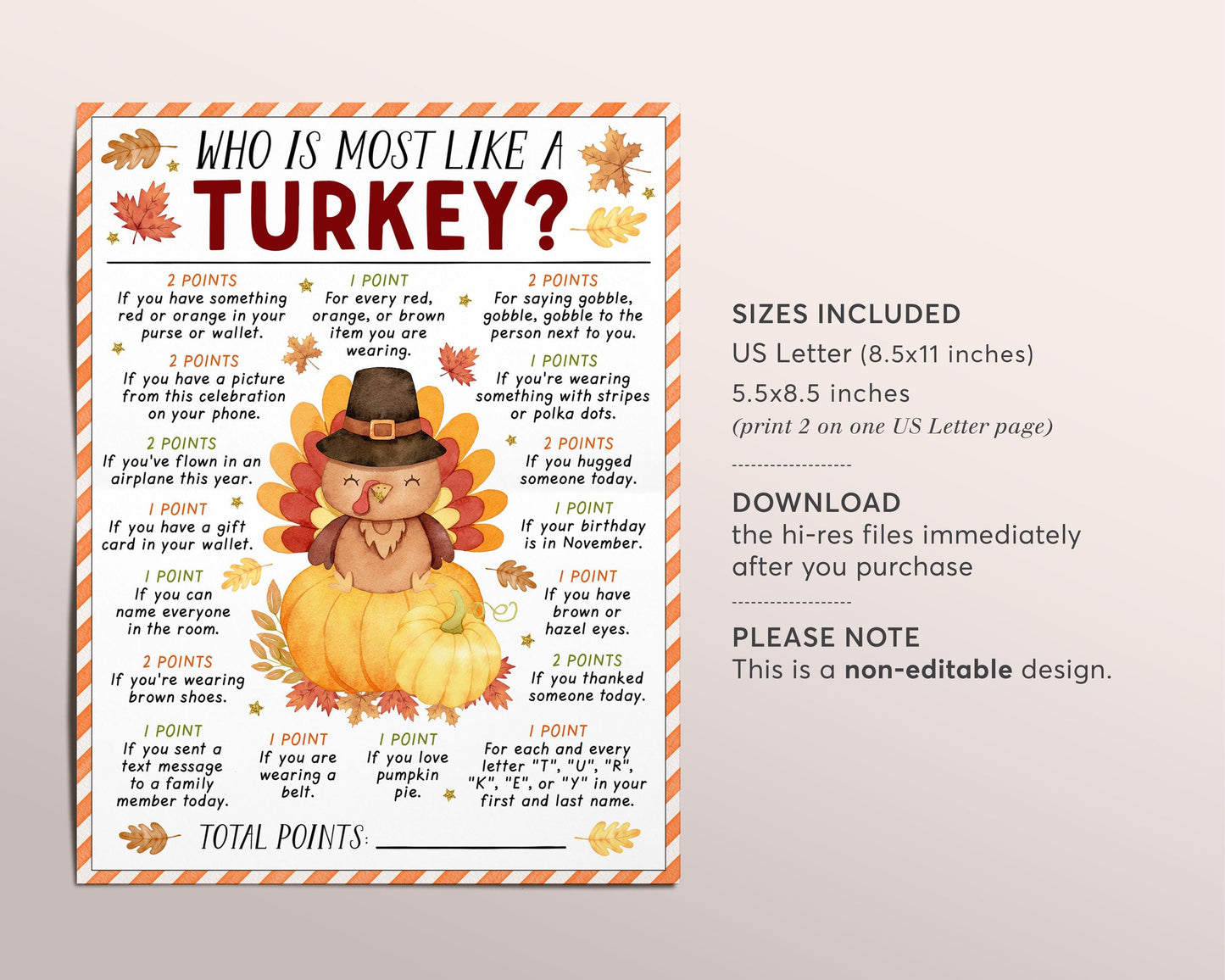 Thanksgiving Game Who Is Most Like The Turkey Printable, Fall Thanksgiving Office Party Icebreaker Group Game Activity For Kids And Adults