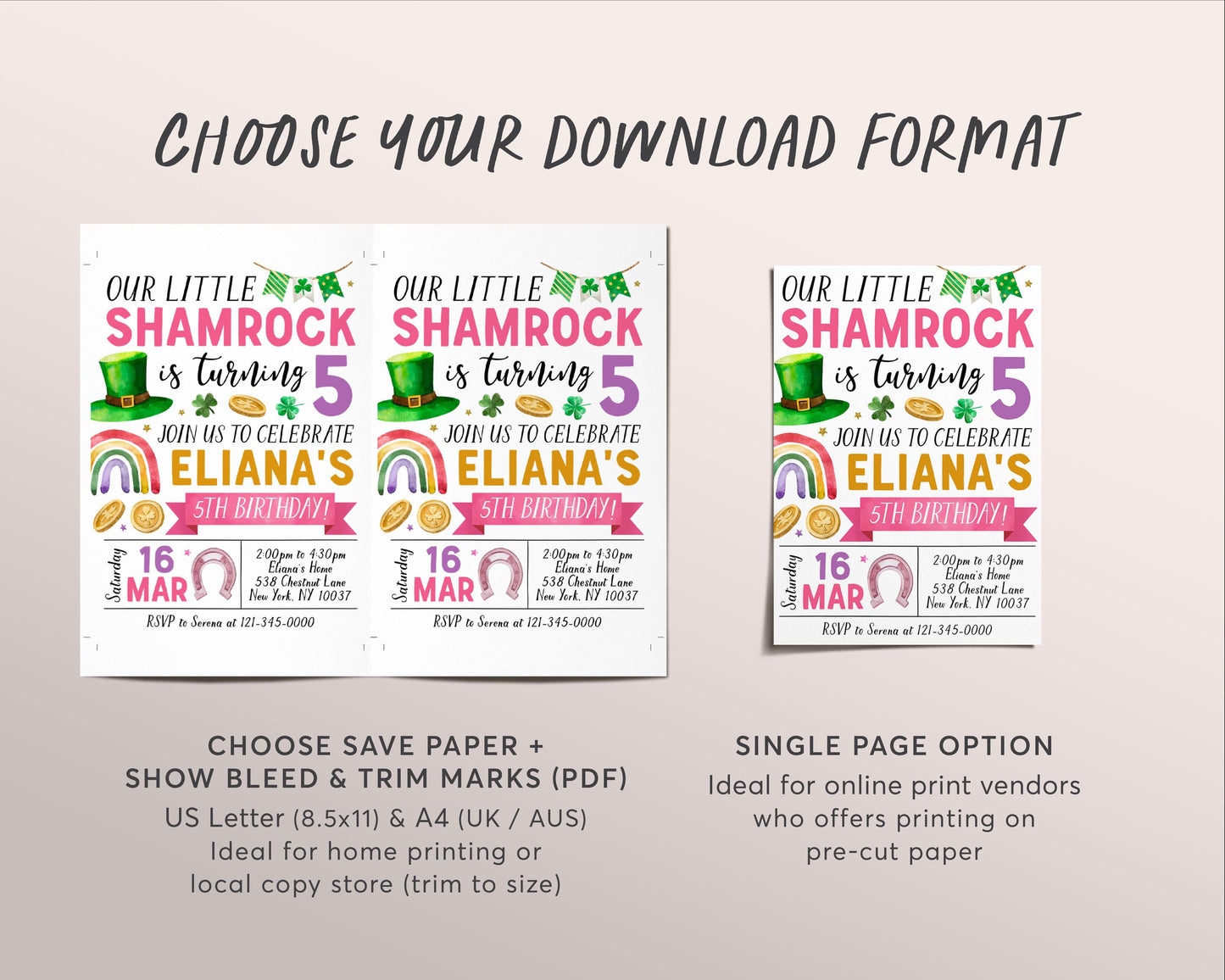 Shamrock Birthday Invitation Editable Template, Girl Pink St Patrick's Day Clover Birthday Party Invite Evite, Our Little Shamrock Rainbow