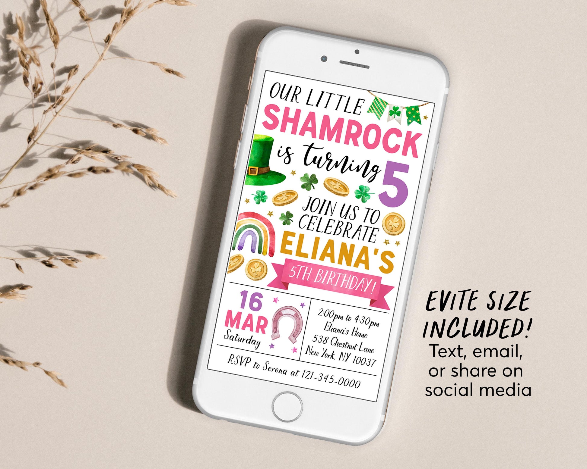 Shamrock Birthday Invitation Editable Template, Girl Pink St Patrick Shamrock Birthday Invitation Editable Template, Girl Pink St Patrick