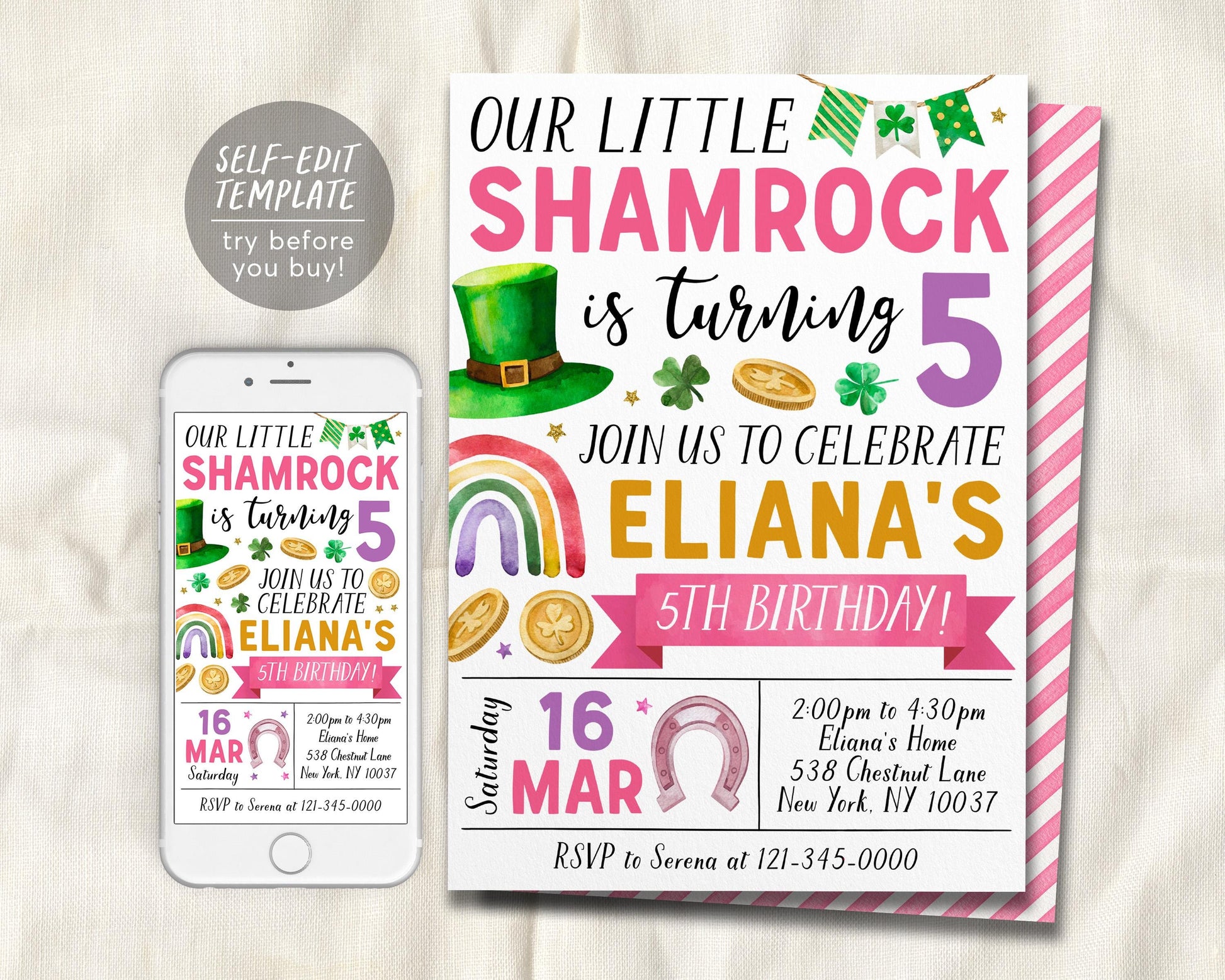 Shamrock Birthday Invitation Editable Template