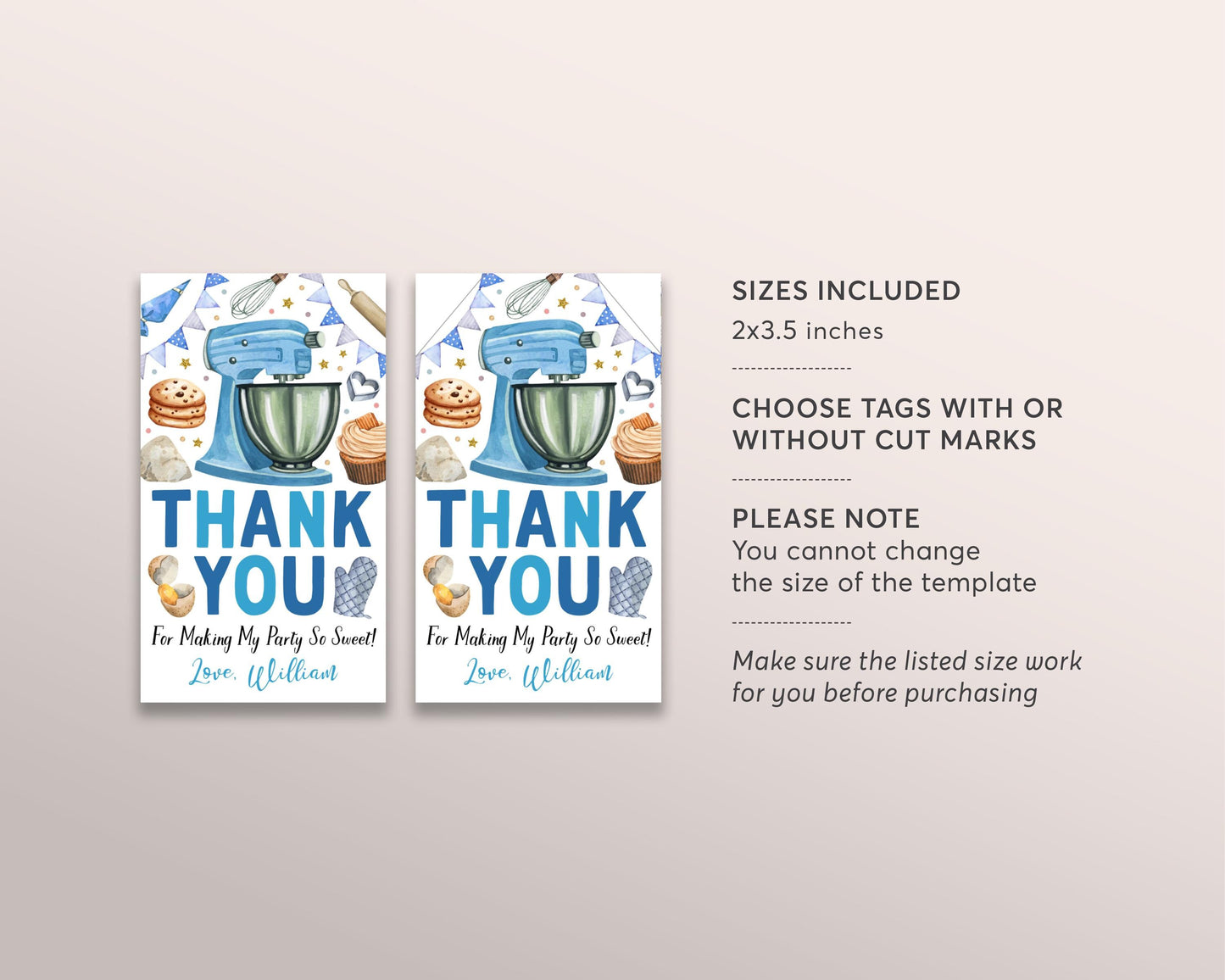 Baking Birthday Party Favor Tags Editable Template, Boy Chef Baking Party Thank You Treat Bag, Kids Preteen Cooking Party Gift Tag Cupcake