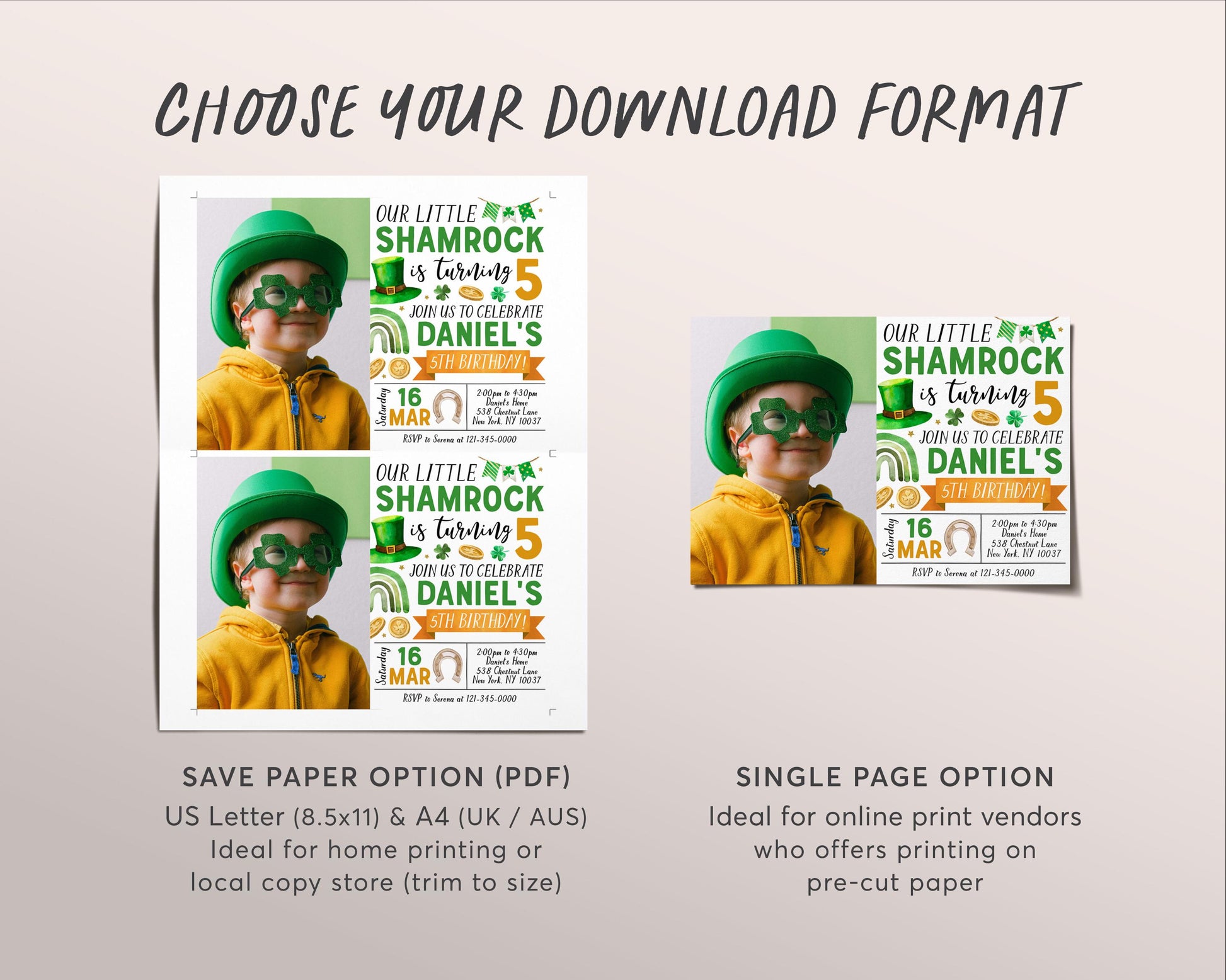 Shamrock Birthday Invitation With Photo Editable Template, St Patrick Shamrock Birthday Invitation With Photo Editable Template, St Patrick