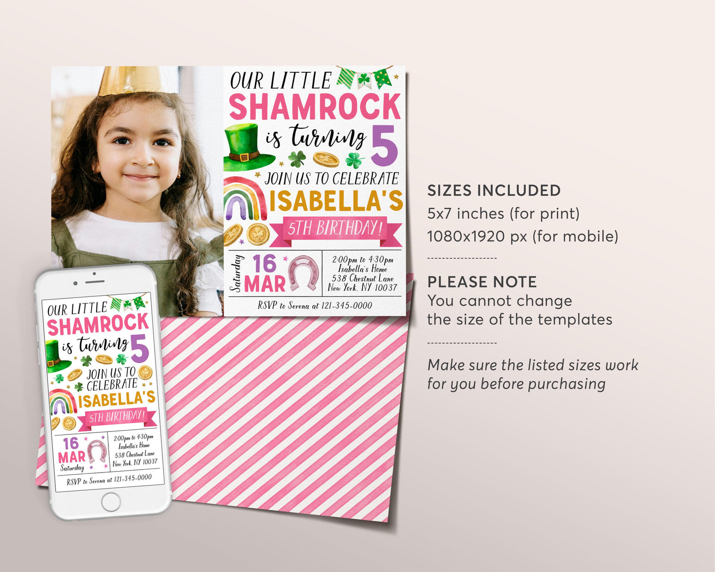 Shamrock Birthday Invitation With Photo Editable Template, Girl Pink St Patrick's Day Clover Birthday Party Invite Evite Our Little Shamrock