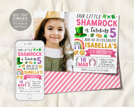 Shamrock Birthday Invitation With Photo Editable Template