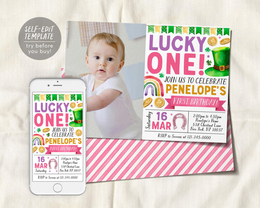 Lucky One First Birthday Invitation With Photo Editable Template, Girl St Patrick's Day Shamrock Birthday Party Invite Evite, St Paddy's Day