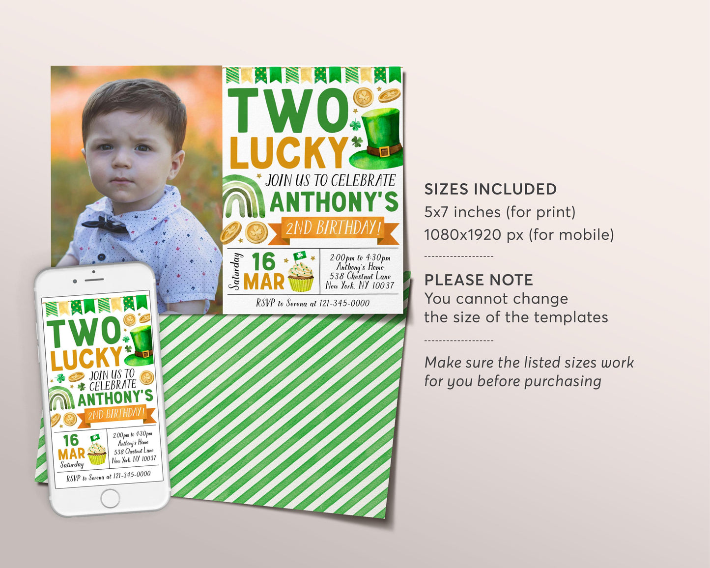 Two Lucky Second Birthday Invitation With Photo Editable Template, St Patrick's Day Shamrock 2nd Birthday Party Invite Printable Evite