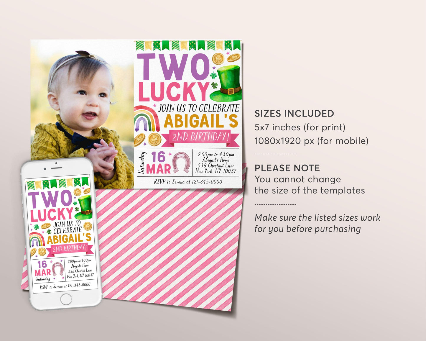 Two Lucky Second Birthday Invitation With Photo Editable Template, Girl Pink St Patrick's Day Shamrock 2nd Birthday Party Invite Evite