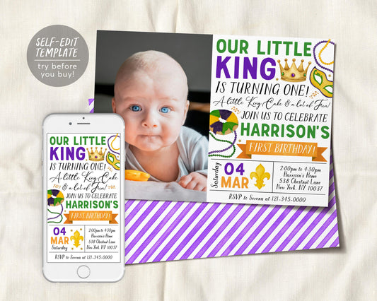 Mardi Gras Birthday Invitation With Photo Editable Template