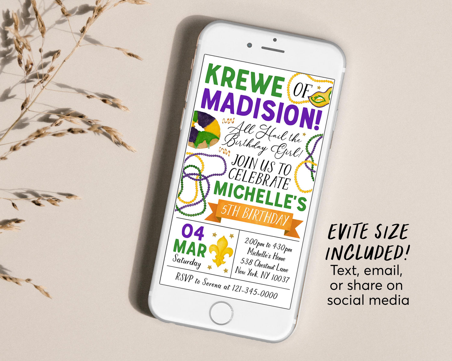 Mardi Gras Birthday Invitation With Photo Editable Template, Kids Mardi Gras Fat Tuesday Theme Party Invite, New Orleans King Cake Evite