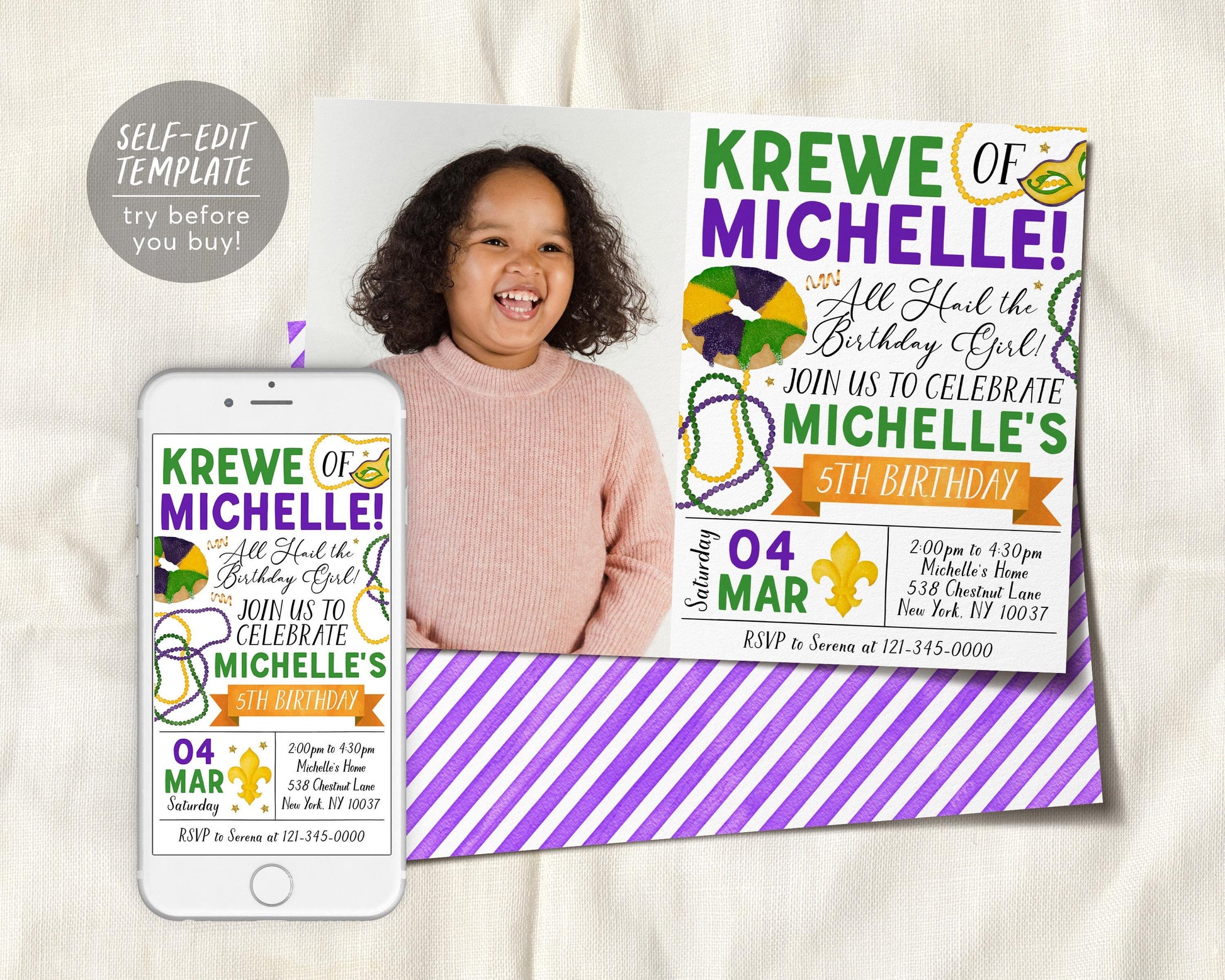 Mardi Gras Birthday Invitation With Photo Editable Template