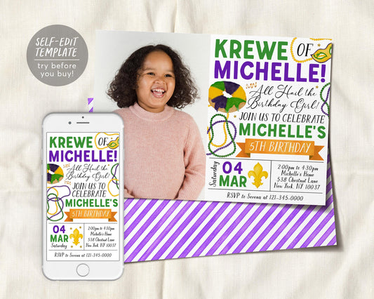 Mardi Gras Birthday Invitation With Photo Editable Template