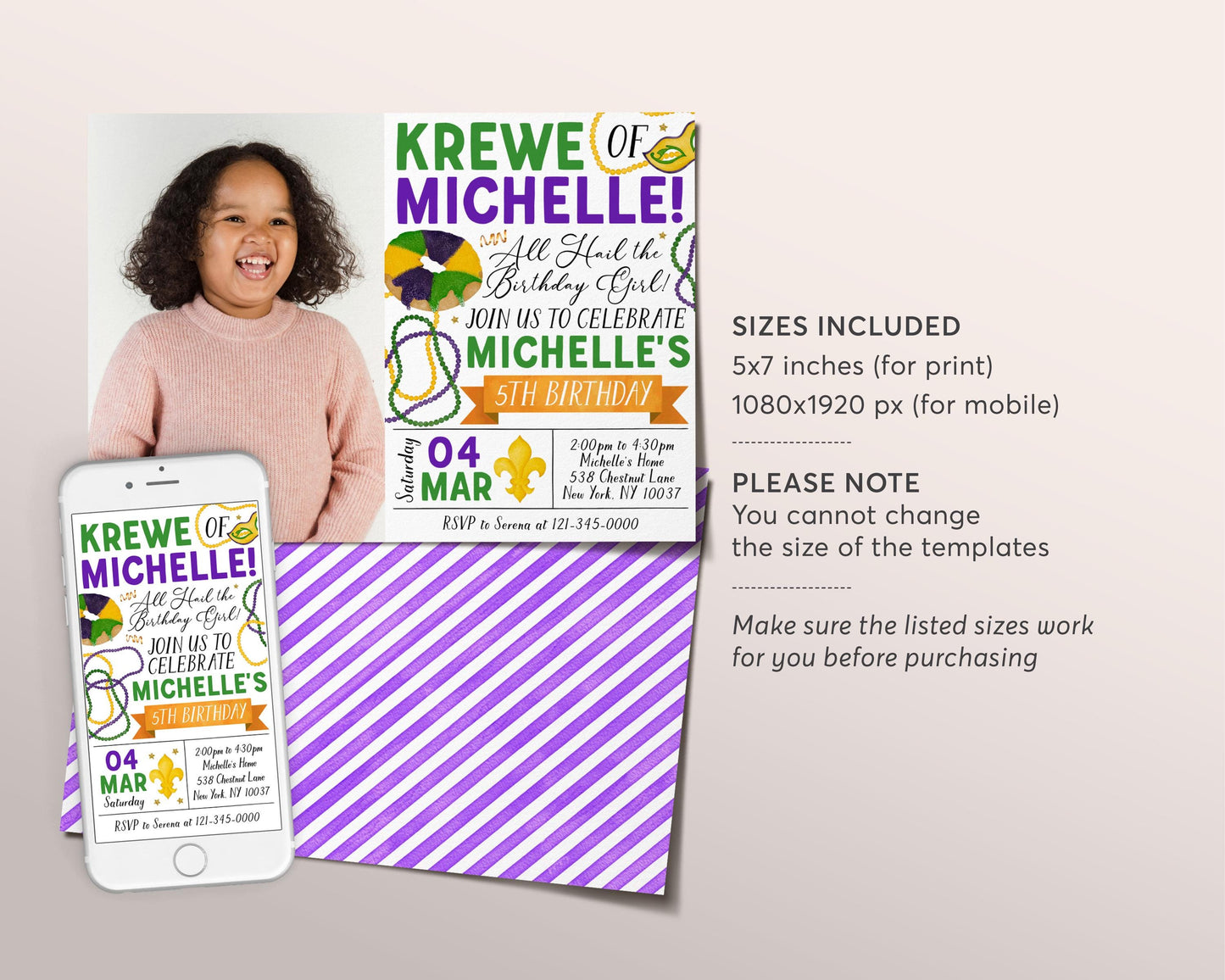 Mardi Gras Birthday Invitation With Photo Editable Template, Kids Mardi Gras Fat Tuesday Theme Party Invite, New Orleans King Cake Evite