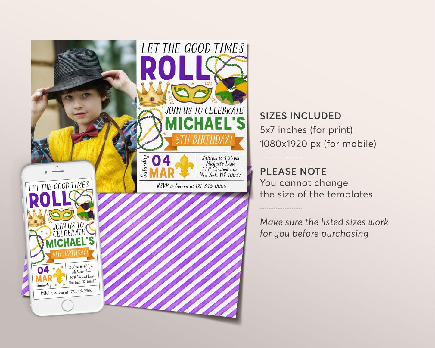 Mardi Gras Birthday Invitation With Photo Editable Template, Mardi Gras Fat Tuesday Party Invite, Let The Good Times Roll New Orleans Evite