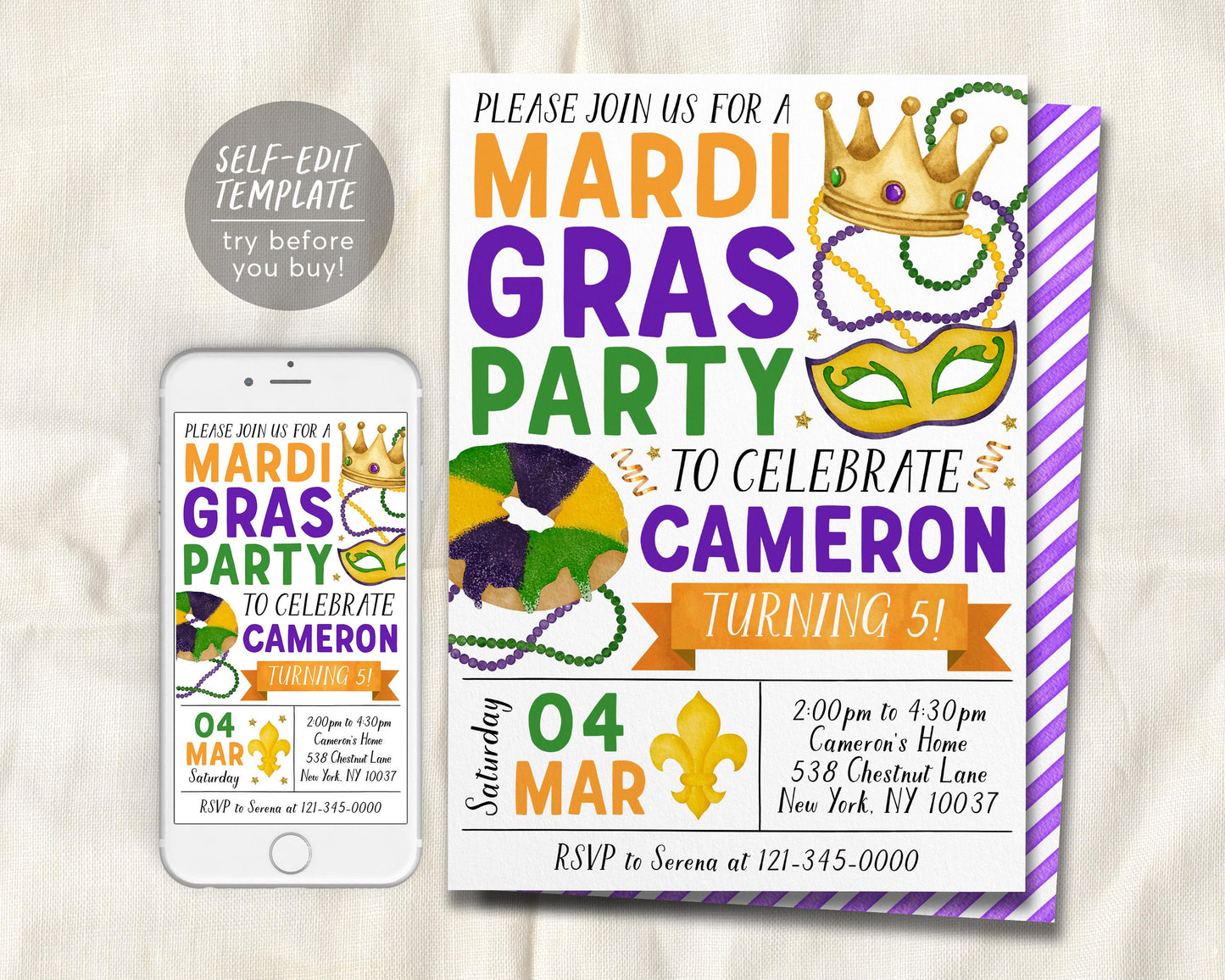 Mardi Gras Birthday Invitation Editable Template