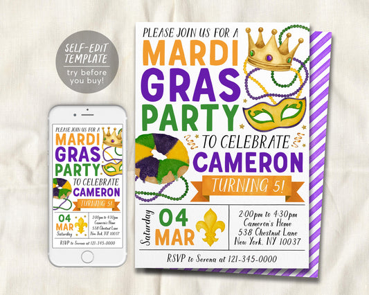 Mardi Gras Birthday Invitation Editable Template