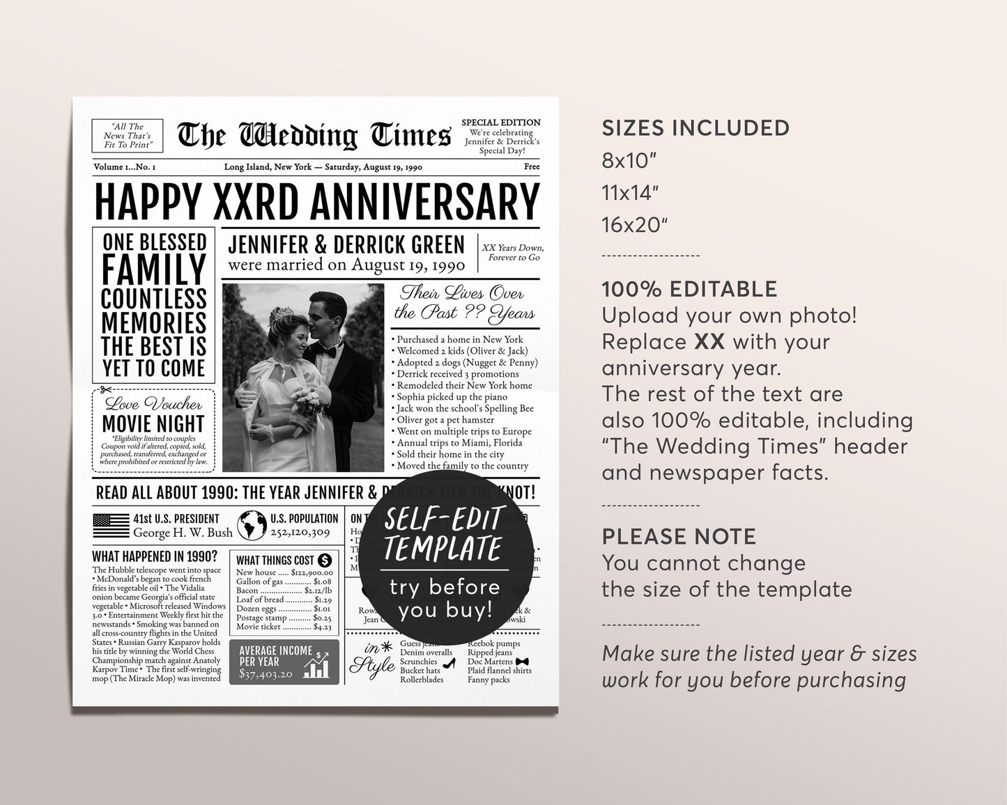 Back in 1990 34th 35th 36th Anniversary Gift Newspaper Editable Template, Personalized 34 35 36 Year Wedding For Parents Husband Or Wife